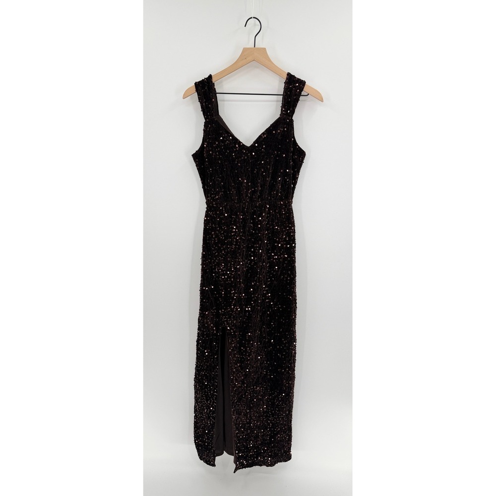Baltic Born Brown Velvet Sequin Maxi Dress Size M High Slit Formal Evening Glam